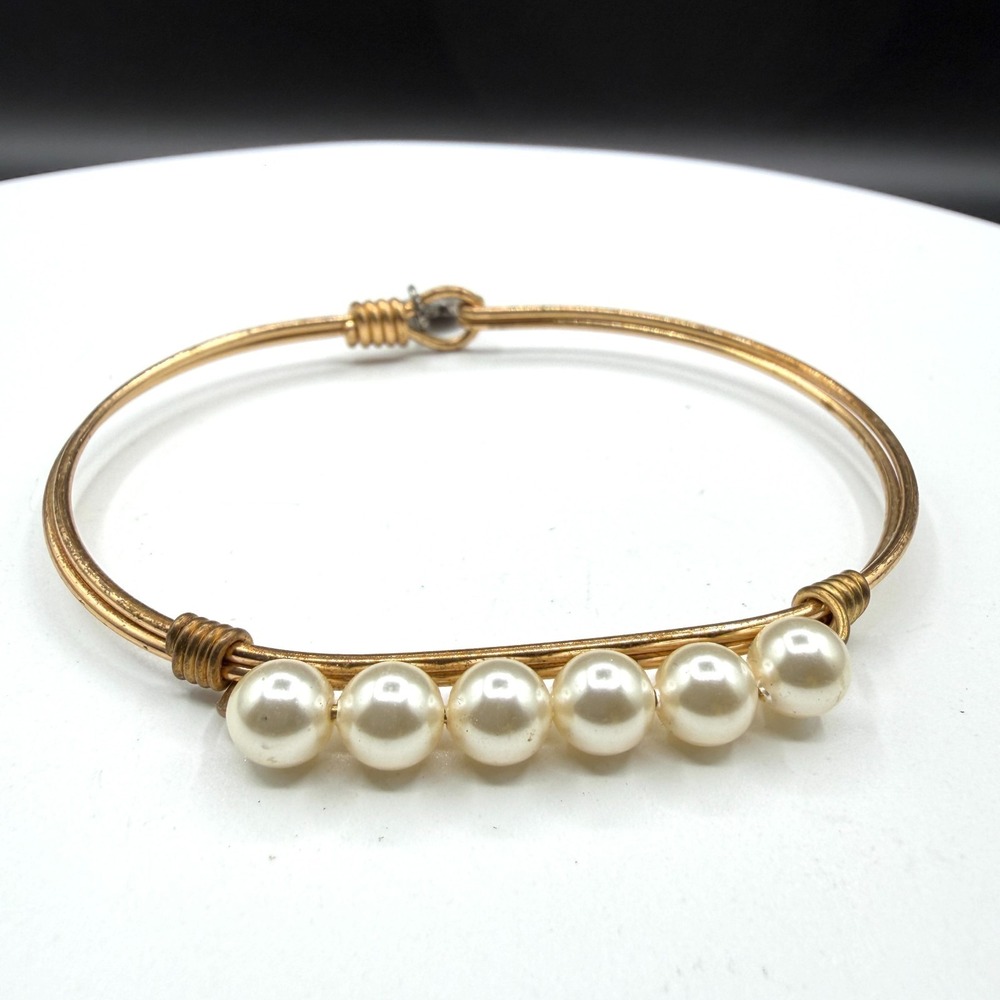 Luca + Danni Gold Tone Faux Pearl Wire Bangle Bracelet Stackable Coquette Gift